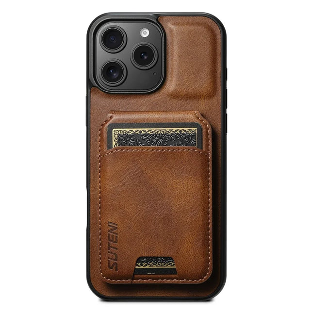 SUTENI H02 For iPhone 16 Pro Max Case Waxy Texture Leather+TPU Card Slots Kickstand Phone Cover - Brown