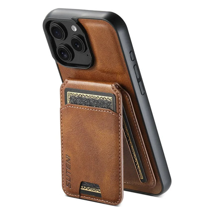 SUTENI H02 For iPhone 16 Pro Max Case Waxy Texture Leather+TPU Card Slots Kickstand Phone Cover