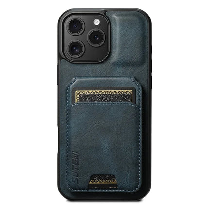 SUTENI H02 For iPhone 16 Pro Max Case Waxy Texture Leather+TPU Card Slots Kickstand Phone Cover - Blue