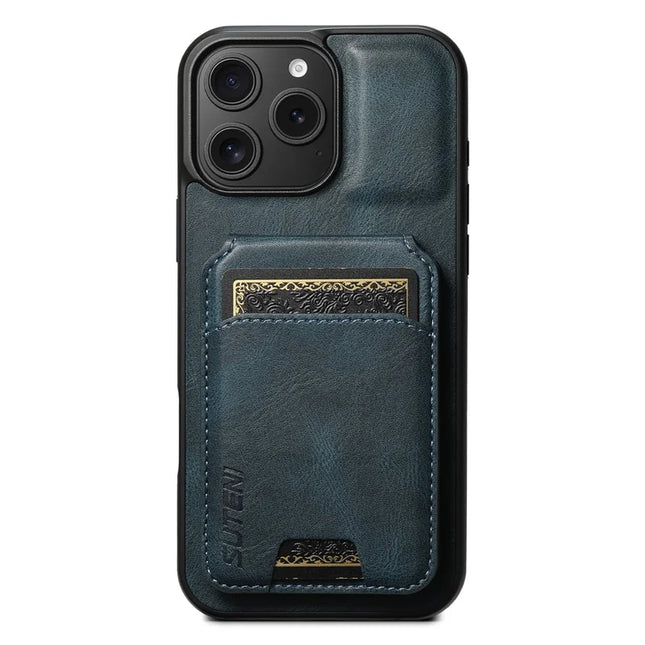 SUTENI H02 For iPhone 16 Pro Max Case Waxy Texture Leather+TPU Card Slots Kickstand Phone Cover - Blue