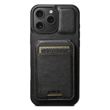 SUTENI H02 For iPhone 16 Pro Max Case Waxy Texture Leather+TPU Card Slots Kickstand Phone Cover - Black