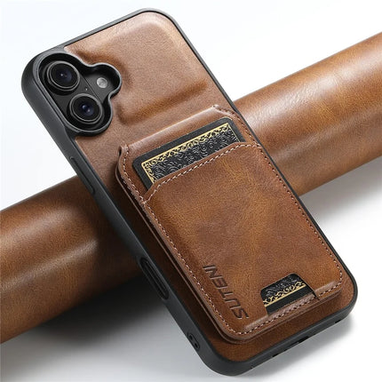 SUTENI H02 For iPhone 16 Case Waxy Texture Leather+TPU Card Slots Kickstand Phone Cover