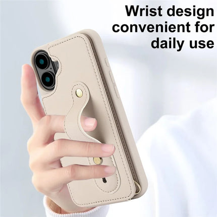 For iPhone 16 Case Kickstand Card Slots Leather Coated TPU Cover with Shoulder Strap