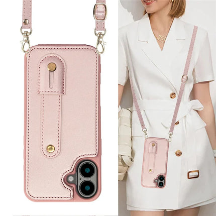 For iPhone 16 Case Kickstand Card Slots Leather Coated TPU Cover with Shoulder Strap