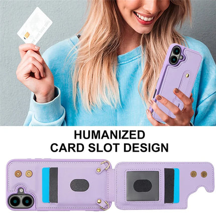 For iPhone 16 Case Kickstand Card Slots Leather Coated TPU Cover with Shoulder Strap
