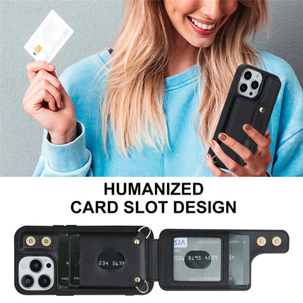For iPhone 16 Pro Case Kickstand Card Slots Leather Coated TPU Cover with Shoulder Strap