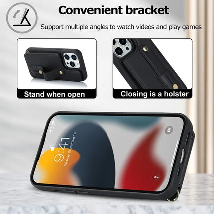 For iPhone 16 Pro Case Kickstand Card Slots Leather Coated TPU Cover with Shoulder Strap