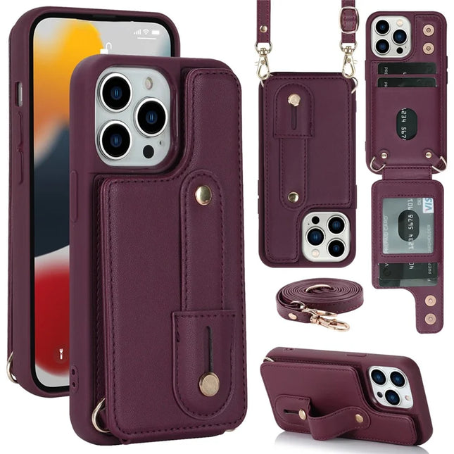 For iPhone 16 Pro Case Kickstand Card Slots Leather Coated TPU Cover with Shoulder Strap - Wine Red
