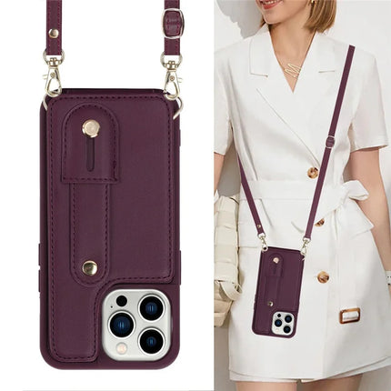 For iPhone 16 Pro Case Kickstand Card Slots Leather Coated TPU Cover with Shoulder Strap