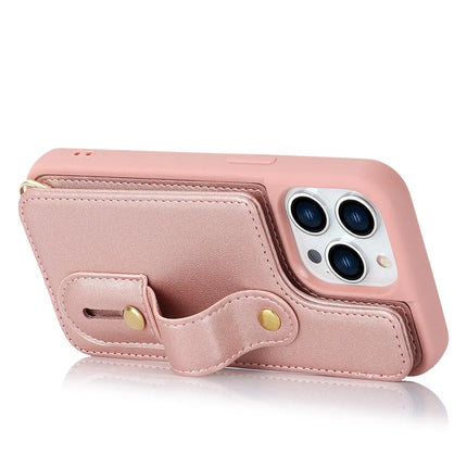 For iPhone 16 Pro Case Kickstand Card Slots Leather Coated TPU Cover with Shoulder Strap