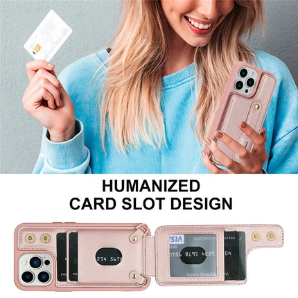For iPhone 16 Pro Case Kickstand Card Slots Leather Coated TPU Cover with Shoulder Strap