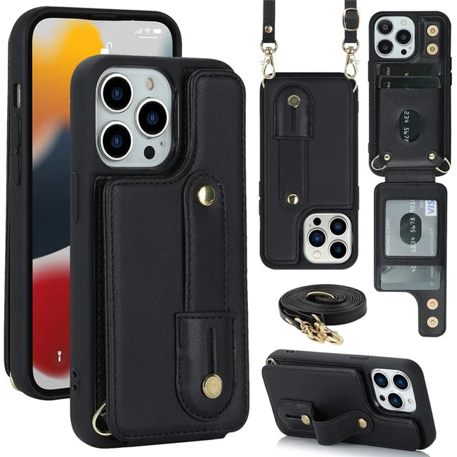 For iPhone 16 Pro Max Case Kickstand Card Slots Leather Coated TPU Cover with Shoulder Strap - Black