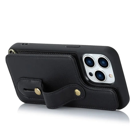 For iPhone 16 Pro Max Case Kickstand Card Slots Leather Coated TPU Cover with Shoulder Strap