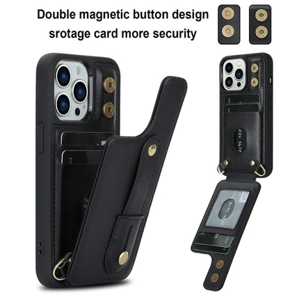 For iPhone 16 Pro Max Case Kickstand Card Slots Leather Coated TPU Cover with Shoulder Strap