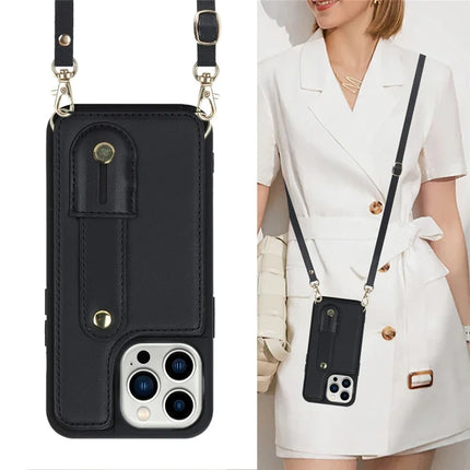 For iPhone 16 Pro Max Case Kickstand Card Slots Leather Coated TPU Cover with Shoulder Strap
