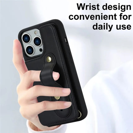For iPhone 16 Pro Max Case Kickstand Card Slots Leather Coated TPU Cover with Shoulder Strap