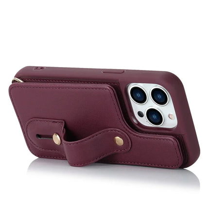 For iPhone 16 Pro Max Case Kickstand Card Slots Leather Coated TPU Cover with Shoulder Strap