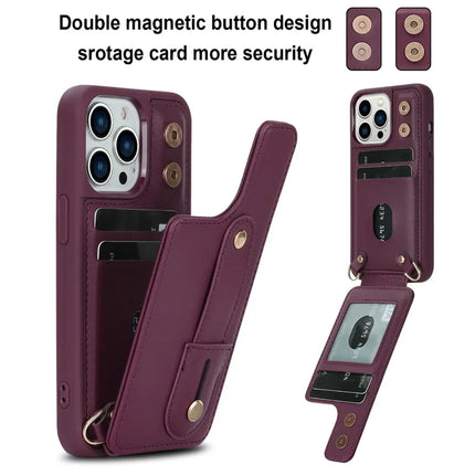 For iPhone 16 Pro Max Case Kickstand Card Slots Leather Coated TPU Cover with Shoulder Strap