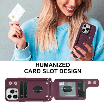 For iPhone 16 Pro Max Case Kickstand Card Slots Leather Coated TPU Cover with Shoulder Strap