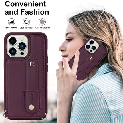 For iPhone 16 Pro Max Case Kickstand Card Slots Leather Coated TPU Cover with Shoulder Strap