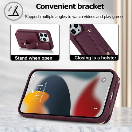 For iPhone 16 Pro Max Case Kickstand Card Slots Leather Coated TPU Cover with Shoulder Strap