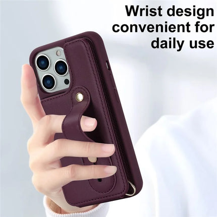 For iPhone 16 Pro Max Case Kickstand Card Slots Leather Coated TPU Cover with Shoulder Strap