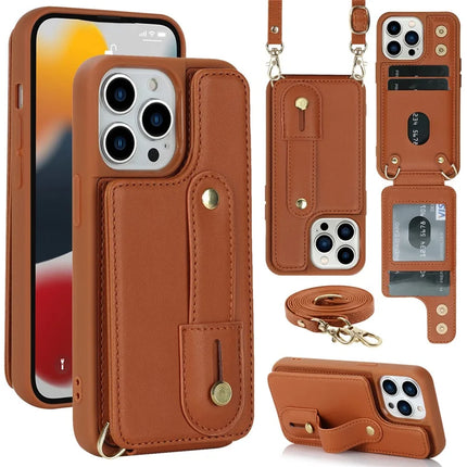 For iPhone 16 Pro Max Case Kickstand Card Slots Leather Coated TPU Cover with Shoulder Strap - Brown
