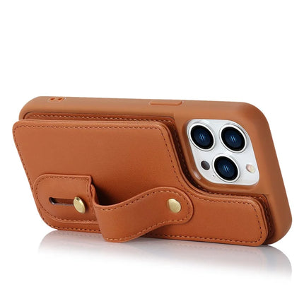For iPhone 16 Pro Max Case Kickstand Card Slots Leather Coated TPU Cover with Shoulder Strap