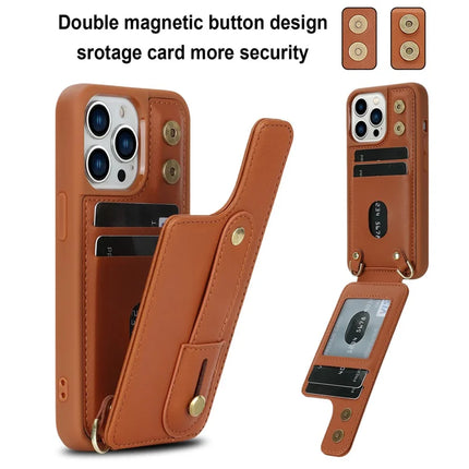 For iPhone 16 Pro Max Case Kickstand Card Slots Leather Coated TPU Cover with Shoulder Strap