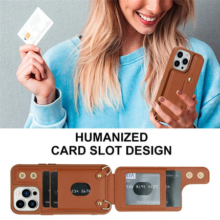 For iPhone 16 Pro Max Case Kickstand Card Slots Leather Coated TPU Cover with Shoulder Strap