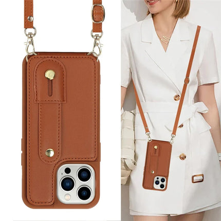 For iPhone 16 Pro Max Case Kickstand Card Slots Leather Coated TPU Cover with Shoulder Strap