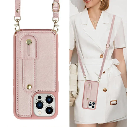 For iPhone 16 Pro Max Case Kickstand Card Slots Leather Coated TPU Cover with Shoulder Strap