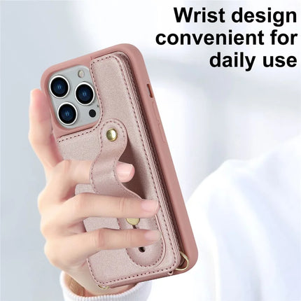 For iPhone 16 Pro Max Case Kickstand Card Slots Leather Coated TPU Cover with Shoulder Strap