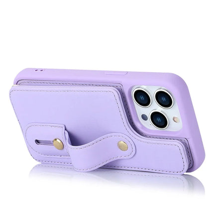 For iPhone 16 Pro Max Case Kickstand Card Slots Leather Coated TPU Cover with Shoulder Strap
