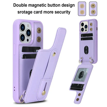 For iPhone 16 Pro Max Case Kickstand Card Slots Leather Coated TPU Cover with Shoulder Strap