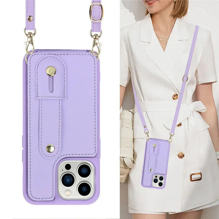 For iPhone 16 Pro Max Case Kickstand Card Slots Leather Coated TPU Cover with Shoulder Strap