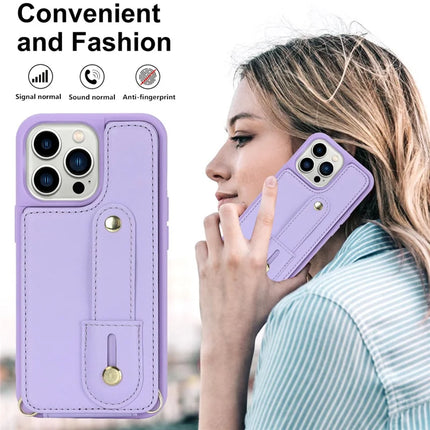 For iPhone 16 Pro Max Case Kickstand Card Slots Leather Coated TPU Cover with Shoulder Strap