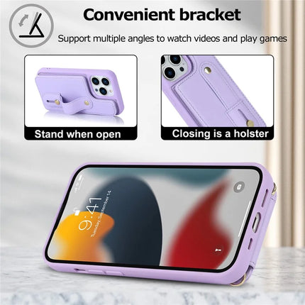 For iPhone 16 Pro Max Case Kickstand Card Slots Leather Coated TPU Cover with Shoulder Strap