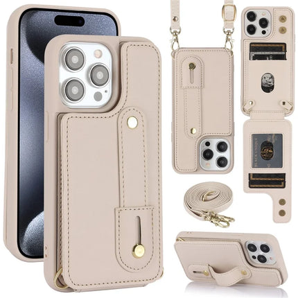 For iPhone 16 Pro Max Case Kickstand Card Slots Leather Coated TPU Cover with Shoulder Strap - Beige