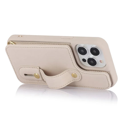 For iPhone 16 Pro Max Case Kickstand Card Slots Leather Coated TPU Cover with Shoulder Strap