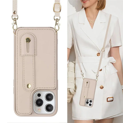 For iPhone 16 Pro Max Case Kickstand Card Slots Leather Coated TPU Cover with Shoulder Strap