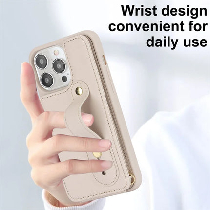 For iPhone 16 Pro Max Case Kickstand Card Slots Leather Coated TPU Cover with Shoulder Strap