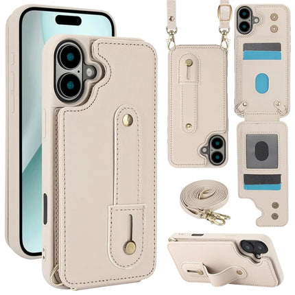 For iPhone 16 Plus Case Kickstand Card Slots Leather Coated TPU Cover with Shoulder Strap - Beige