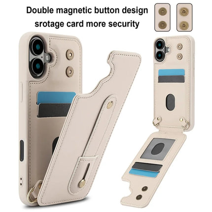 For iPhone 16 Plus Case Kickstand Card Slots Leather Coated TPU Cover with Shoulder Strap