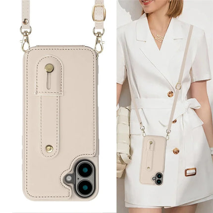 For iPhone 16 Plus Case Kickstand Card Slots Leather Coated TPU Cover with Shoulder Strap