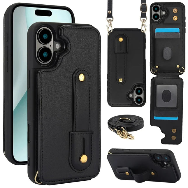 For iPhone 16 Plus Case Kickstand Card Slots Leather Coated TPU Cover with Shoulder Strap - Black