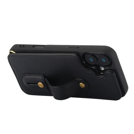 For iPhone 16 Plus Case Kickstand Card Slots Leather Coated TPU Cover with Shoulder Strap