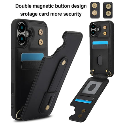 For iPhone 16 Plus Case Kickstand Card Slots Leather Coated TPU Cover with Shoulder Strap