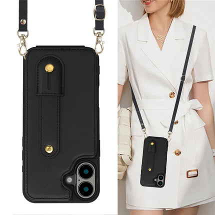 For iPhone 16 Plus Case Kickstand Card Slots Leather Coated TPU Cover with Shoulder Strap