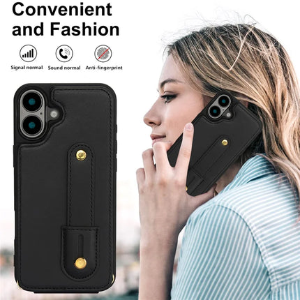 For iPhone 16 Plus Case Kickstand Card Slots Leather Coated TPU Cover with Shoulder Strap